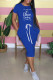 Blue Fashion Casual Print Letter O Neck Dresses