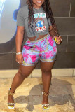 Rose Red Casual Street Print Patchwork O Neck Short Sleeve Two Pieces
