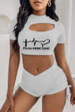 Blue Fashion Casual Print Hollowed Out Draw String Frenulum O Neck Short Sleeve Two Pieces