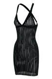 Black Fashion Sexy Solid Patchwork See-through Backless V Neck Sling Dress