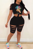 Black Sexy Print Ripped Split Joint O Neck Short Sleeve Two Pieces