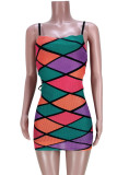 Colour Sexy Street Print Patchwork Backless Spaghetti Strap Pencil Skirt Dresses