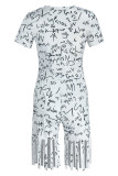 White Casual Street Print Tassel Patchwork Asymmetrical O Neck Short Sleeve Two Pieces