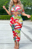 Red Casual Print Patchwork Fold O Neck Short Sleeve Two Pieces