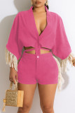 Pink Casual Solid Tassel Bandage Split Joint Buckle V Neck Half Sleeve Two Pieces