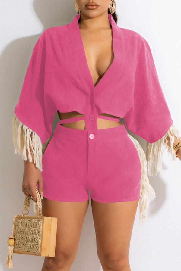 Pink Casual Solid Tassel Bandage Split Joint Buckle V Neck Half Sleeve Two Pieces