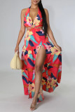 Red Sexy Print Hollowed Out Patchwork Halter Straight Dresses