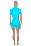 Blue Fashion Casual Print Hollowed Out Draw String Frenulum O Neck Short Sleeve Two Pieces