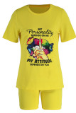 Pink Casual Print Patchwork O Neck Short Sleeve Two Pieces