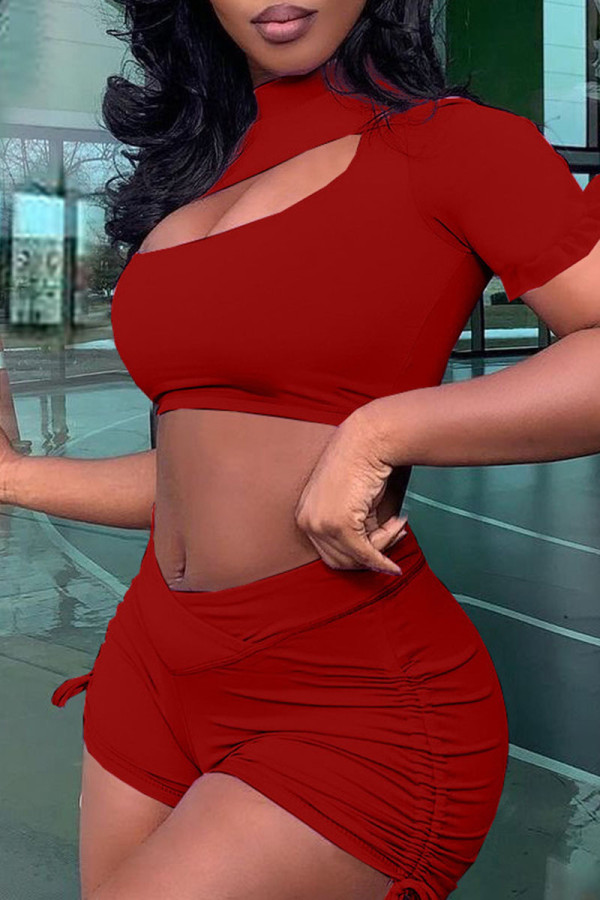 Red Fashion Casual Solid Hollowed Out Patchwork Turtleneck Short Sleeve Two Pieces
