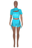 Blue Fashion Casual Print Hollowed Out Draw String Frenulum O Neck Short Sleeve Two Pieces