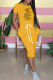 Yellow Fashion Casual Print Letter O Neck One Step Skirt Dresses