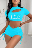 Blue Fashion Casual Print Hollowed Out Draw String Frenulum O Neck Short Sleeve Two Pieces