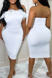 White Fashion Sexy Solid Patchwork Feathers Backless Strapless Sleeveless Dress