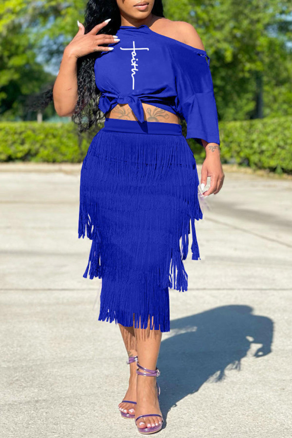 Blue Casual Print Tassel Patchwork Oblique Collar Short Sleeve Two Pieces