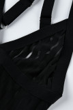 Black Fashion Sexy Solid Patchwork See-through Backless V Neck Sling Dress