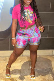 Rose Red Casual Street Print Patchwork O Neck Short Sleeve Two Pieces