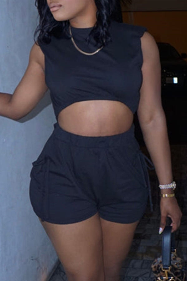 Black Fashion Casual Solid Hollowed Out O Neck Regular Romper