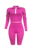 Rose Red Fashion Casual Sportswear Solid Patchwork Turndown Collar Long Sleeve Two Pieces