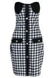 Black Sexy Print Patchwork Buckle Strapless One Step Skirt Dresses