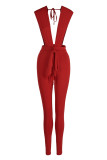 Red Fashion Sexy Solid Bandage Backless V Neck Skinny Jumpsuits