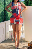 Red Fashion Casual Print Tie Dye Frenulum O Neck Sleeveless Dress
