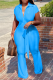 Blue Fashion Solid Bandage Turndown Collar Boot Cut Jumpsuits