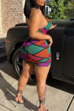 Colour Sexy Street Print Patchwork Backless Spaghetti Strap Pencil Skirt Dresses