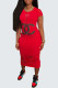 Red Fashion Casual Print Ripped O Neck One Step Skirt Dresses