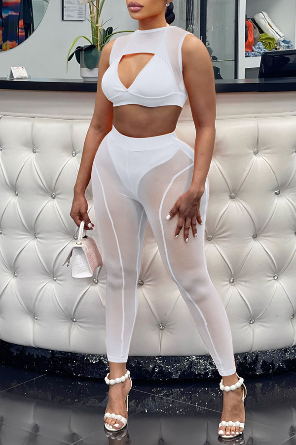 White Sexy Solid Patchwork See-through O Neck Sleeveless Two Pieces