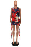 Red Fashion Casual Print Tie Dye Frenulum O Neck Sleeveless Dress