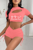 Blue Fashion Casual Print Hollowed Out Draw String Frenulum O Neck Short Sleeve Two Pieces