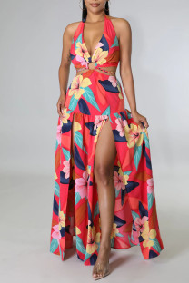Red Sexy Print Hollowed Out Split Joint Halter Straight Dresses