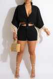 Black Casual Solid Tassel Bandage Split Joint Buckle V Neck Half Sleeve Two Pieces