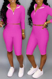 Rose Red Fashion Casual Sportswear Solid Patchwork Turndown Collar Long Sleeve Two Pieces