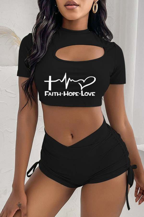 Black Fashion Casual Print Hollowed Out Draw String Frenulum O Neck Short Sleeve Two Pieces