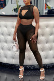 Coffee Sexy Solid Patchwork See-through O Neck Sleeveless Two Pieces