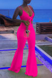 Rose Red Sexy Casual Solid Bandage Hollowed Out Backless Spaghetti Strap Boot Cut Jumpsuits