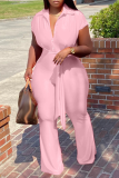 Pink Fashion Solid Bandage Turndown Collar Boot Cut Jumpsuits