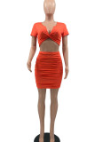 Tangerine Red Sexy Solid Patchwork Fold V Neck Short Sleeve Two Pieces