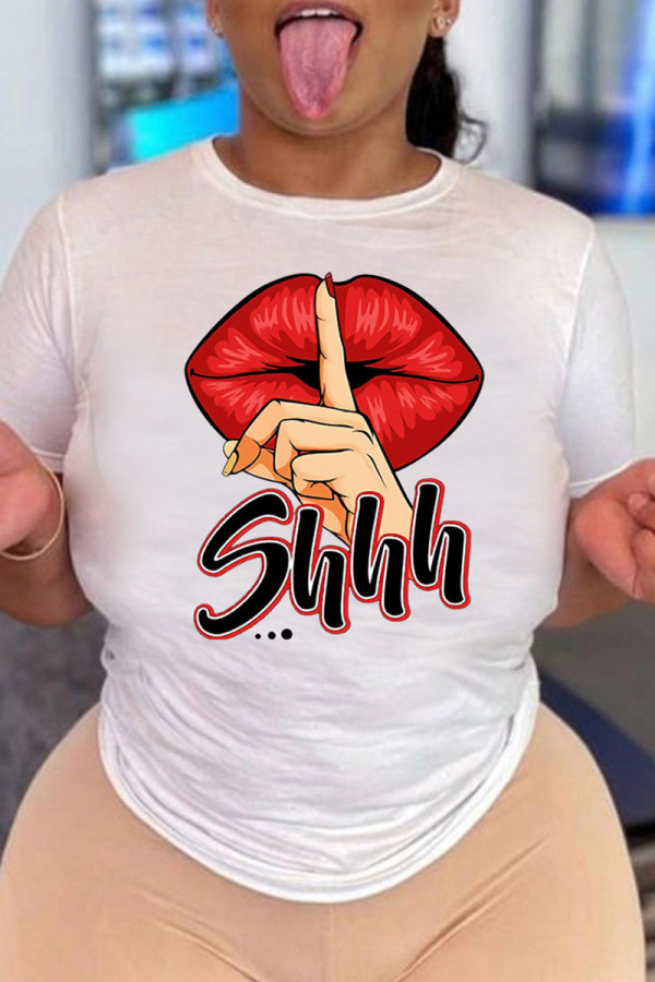 White Red Fashion Casual Lips Printed Basic O Neck T-Shirts