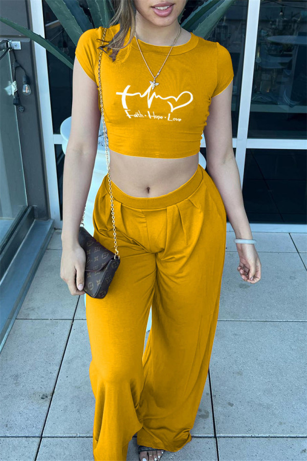 Yellow Fashion Casual Print Basic O Neck Short Sleeve Two Pieces