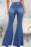 Dark Blue Fashion Casual Solid Patchwork High Waist Boot Cut Denim Jeans