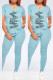 Blue Fashion Casual Print Letter O Neck Short Sleeve Two Pieces
