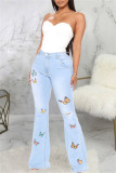 Blue Fashion Casual Embroidery Ripped High Waist Regular Denim Jeans