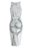 White Sexy Print Patchwork U Neck Vest Dress Dresses