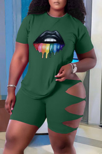 Green Fashion Casual Lips Printed Ripped Hollowed Out O Neck Plus Size Two Pieces