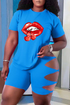 Sky Blue Fashion Casual Lips Printed Ripped Hollowed Out O Neck Plus Size Two Pieces