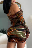 Multicolor Fashion Sexy Print Draw String Frenulum Backless V Neck Long Sleeve Dresses