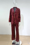 Red Fashion Casual Patchwork Sequins Turndown Collar Long Sleeve Two Pieces